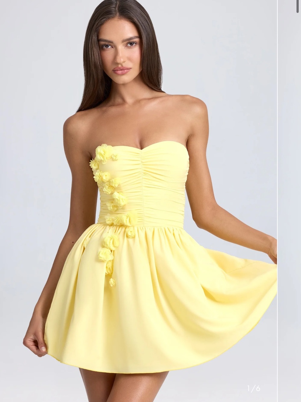 Oh Polly MIRABELLE Bandeau Floral-Appliqué Mini Corset Dress in Lemon Sherbet